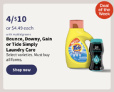 Bounce, Downy, Gain or Tide Simply Laundry Care 4 for $10 5/26 – 6/1