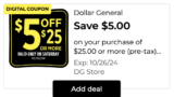 Dollar General $5 OFF $25 Scenarios October 26, 2024!