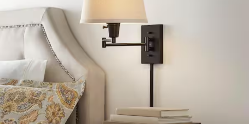 HOME DEPOT PENNY FIND Bronze Swing Arm Plug-In Wall Lamp with Fabric Shade