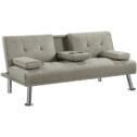 Alden Design Modern Fabric Reclining Futon with Cupholders and Pillows, Beige