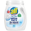 all Mega Laundry Detergent Pacs, Free Clear for Sensitive Skin, Unscented and Dye Free, 30 Count