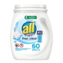 all Mighty Pacs Laundry Detergent Pacs, 60 Count, Free Clear for Sensitive Skin, Tub