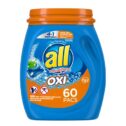 all OXI Mighty Pacs Laundry Detergent, 4 in 1 with OXI Whiteners and Stain Removers, One Tub, 60 Count