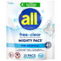 all Mighty Pacs Laundry Detergent Pacs, Free Clear for Sensitive Skin, Unscented and Dye Free, 25 Count