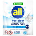 all Mighty Pacs Laundry Detergent Pacs, Free Clear for Sensitive Skin, Unscented and Dye Free, 19 Count