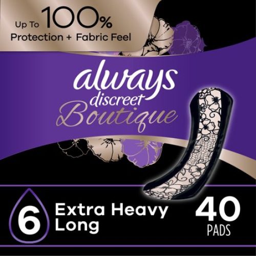 Always Discreet Boutique Incontinence Pads, Extra Heavy Absorbency, Long Length, 40 Count