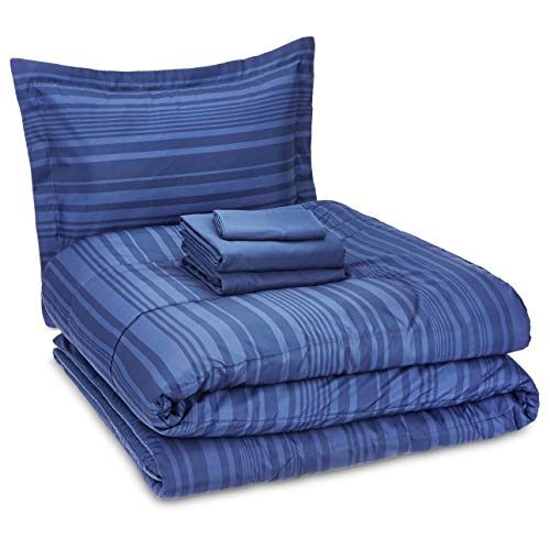 Amazon Basics 5-Piece Lightweight Microfiber Bed-In-A-Bag Comforter Bedding Set - Twin/Twin XL, Blue Calvin Stripe