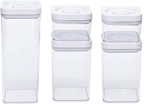 Amazon Basics 5-Piece Square Airtight Food Storage Containers for Kitchen Pantry Organization, BPA Free Plastic