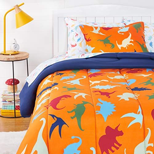 Amazon Basics Kids Easy-Wash Microfiber Bed-in-a-Bag Bedding Set - Twin, Dino Friends