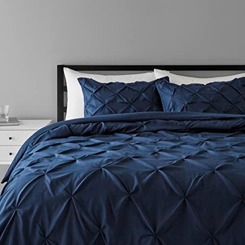 Amazon Basics Pinch Pleat Down-Alternative Comforter Bedding Set - Full / Queen, Navy Blue
