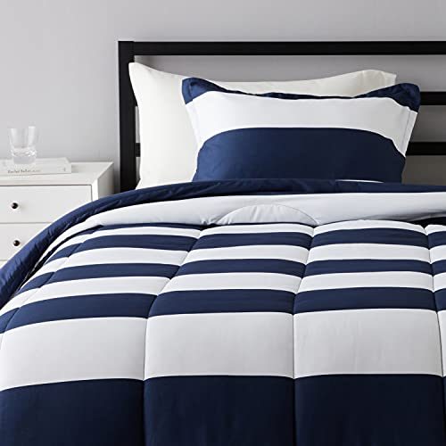 Amazon Basics Reversible Comforter Set, Twin / Twin XL, Navy Rugby Stripes, Microfiber, Ultra-Soft