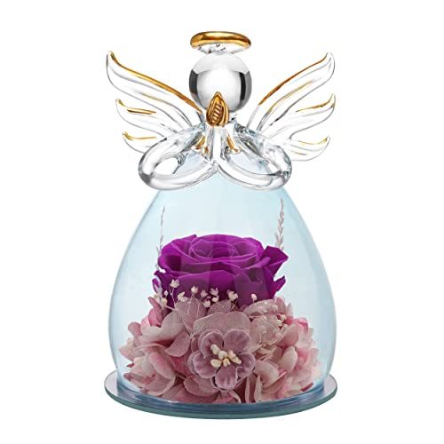 ANLUNOB Preserved Flowers Birthday Gifts for Women Mom Grandma, Glass Angel Figurines Gifts with Pretty Purple Roses for Wedding