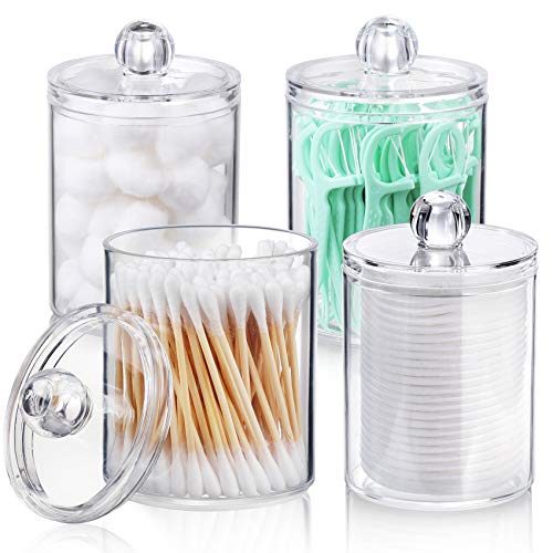 4 Pack Qtip Holder Dispenser for Cotton Ball, Cotton Swab, Cotton Round Pads, Floss - 10 oz Clear Plastic Apothecary...