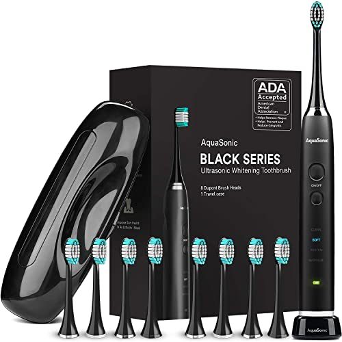 AquaSonic Black Series Ultra Whitening Toothbrush – ADA Accepted Electric Toothbrush - 8 Brush Heads & Travel Case - Ultra...