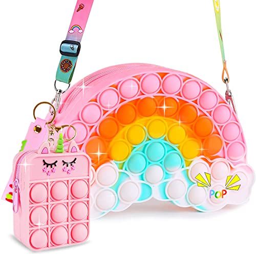 Aucma 2 Pack Pop Fidget Purse It for Girls Toys Wallet Rainbow Cloud Pink Unicorn Crossbody Handbag Bag Cute, Easter...