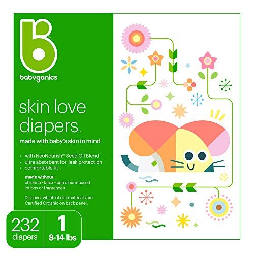 Baby Diapers, Size 1 (8-14 lbs) 232 Count- Babyganics Ultra Absorbent, Unscented, Made without Chlorine, Latex
