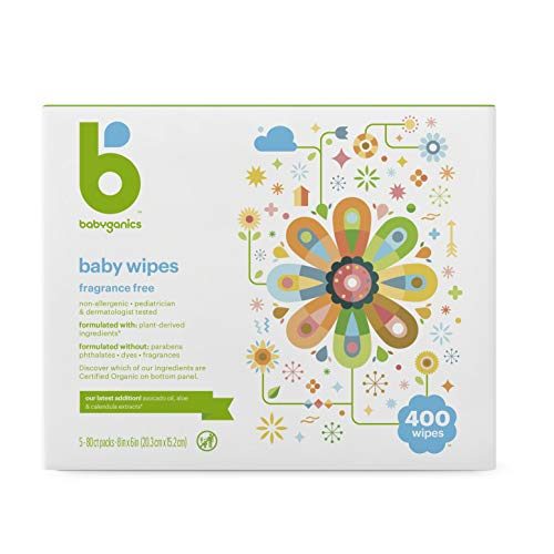 Baby Wipes, Babyganics Unscented Diaper Wipes , 400 Count, (5 Packs of 80), Non-Allergenic and formulated with Plant Derived Ingredients