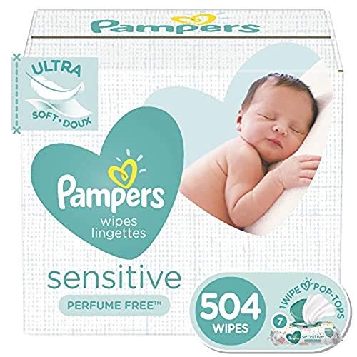 Baby Wipes, Pampers Sensitive Water Based Baby Diaper Wipes, Hypoallergenic and Unscented, 7 Pop-Top Packs, 504 Count Total Wipes (Packaging...