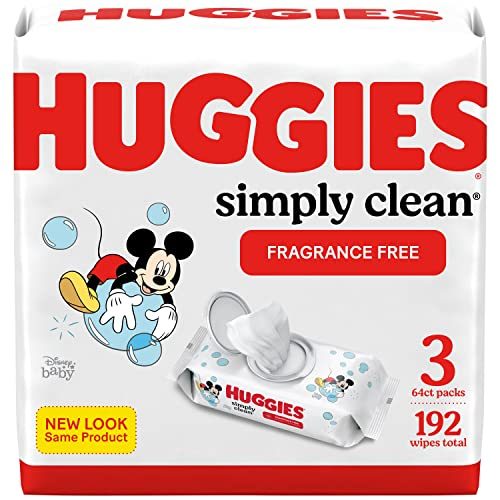 Baby Wipes, Unscented, Huggies Simply Clean Fragrance-Free Baby Diaper Wipes, 3 Flip-Top Packs (192 Wipes Total)