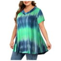 Babysbule Womens Tops Clearance Women Plus Size Tops Tie-dye Print Short Sleeve V-neck Blouse Pleated Hem Shirt