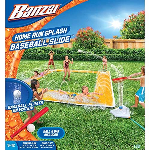 BANZAI Home Run Splash Baseball Slide, Length: 14 ft, Width: 14 ft, Inflatable Outdoor Backyard Water Slide Splash Toy, Baseball...
