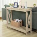 Benton Park Farmhouse 2 Tier X-Design Console Table, Warm Oak