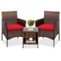 Best Choice Products 3-Piece Outdoor Wicker Conversation Bistro Set, Patio Chat Furniture w/ 2 Chairs, Table - Brown/Red