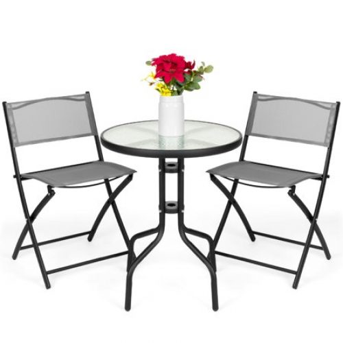Best Choice Products 3-Piece Patio Bistro Dining Furniture Set w/ Round Textured Glass Tabletop, Folding Chairs - Gray
