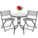 Best Choice Products 3-Piece Patio Bistro Dining Furniture Set with Round Textured Glass Table Top, Folding Chairs - Gray