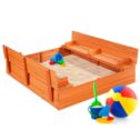 Best Choice Products 47x47-Inch Kids Wooden Outdoor Sandbox w/ 2 Foldable Bench Seats, Sand Protection, Liner - Brown