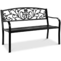 Best Choice Products 50in Steel Garden Bench for Outdoor, Porch, Patio Furniture Chair w/ Floral Design Backrest - Black
