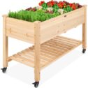 Best Choice Products Raised Garden Bed 48x24x32in Mobile Elevated Wood Planter w/ Lockable Wheels, Storage Shelf, Liner