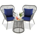 Best Choice Products 3-Piece Patio Conversation Bistro Set, Outdoor Wicker w/ 2 Chairs, Cushions, Side Table - Gray/Navy