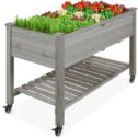 Best Choice Products Raised Garden Bed 48x24x32in Wood Mobile Elevated Planter w/ Wheel Locks, Shelf, Liner - Gray