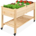 Best Choice Products Raised Garden Bed 48x24x32in Wood Mobile Elevated Planter w/ Wheel Locks, Shelf, Liner - Natural