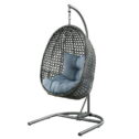 Better Homes & Gardens Lantis Patio Wicker Hanging Egg Chair with Stand - Grey Wicker, Blue Cushion