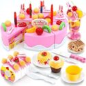 Birthday Cake Play Food Set Pink 75 Pieces Plastic Kitchen Cutting Toy Pretend Play