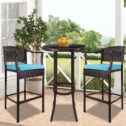 Bistro Table and Chairs, 3 Piece Bar Height Patio Set with High Top Glass Table and Bar Stools, Outdoor Furniture...