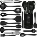 Black Silicone Cooking Utensils Set - 446°F Heat Resistant Kitchen Utensils,Turner Tongs,Spatula,Spoon,Brush,Whisk,Kitchen Utensil Gadgets Tools Set for Nonstick Cookware,Dishwasher Safe...