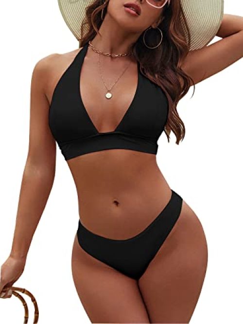 Blooming Jelly Womens High Cut Bikini Sets Halter Top Swimsuits Deep V Neck Sexy Two Piece Bathing Suits (Medium, Black)