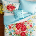 Blue Cotton Sweet Rose 4-Piece Comforter Set, Full / Queen