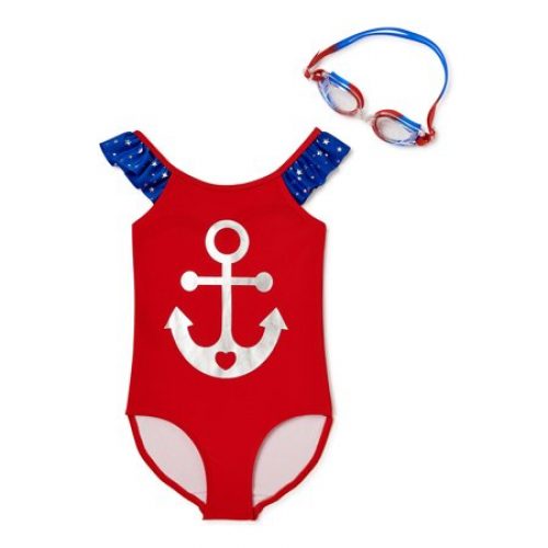 Bmagical Girls One Piece Americana Swimsuit W Goggles, Sizes 4-6x