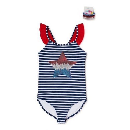 Bmagical Girls One Piece Americana Swimsuit with Trio Hair Bands, Sizes 7-12