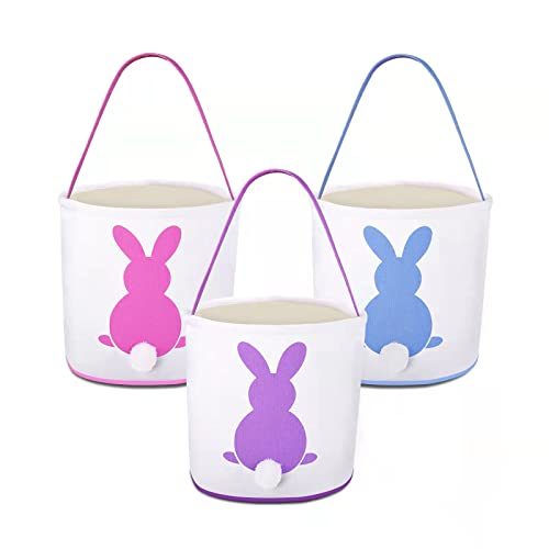 BOMMETER 3 Pack Easter Egg Hunt Basket Bags for Kids Bunny Canvas Tote - Cotton Carrying Gift and Eggs Hunt...