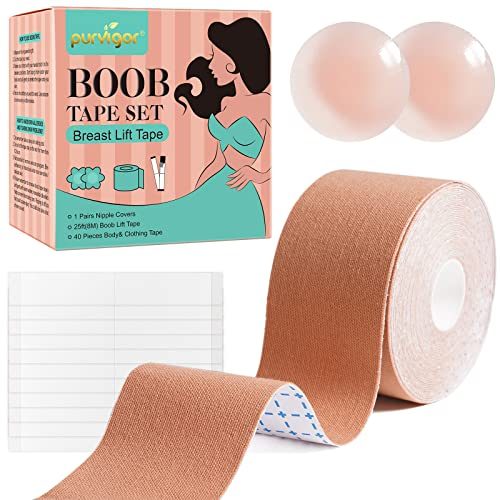 Boob Tape, Bob Tape for Large Breasts, 8M Extra-Long Roll Invisible Breast Lift Tape with Reusable Silicone Nipple Covers &...