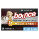 Bounce Pet Hair and Lint Guard Mega Dryer Sheets with 3X Pet Hair Fighters, Fresh Scent, 90 Count