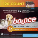 Bounce Pet Hair and Lint Guard Mega Dryer Sheets for Laundry, Fabric Softener with 3X Pet Hair Fighters, Fresh Scent,...