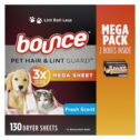 Bounce Pet Hair and Lint Guard Mega Dryer Sheets, Fresh Scent, 130 Ct