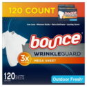 Bounce WrinkleGuard Mega Dryer Sheets, Fabric Softener and Wrinkle Releaser Sheets, Outdoor Fresh Scent, 120 count