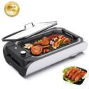 CalmDo Indoor Smokeless Grill, Electric BBQ Party Grill with Nonstick Plate, Tempered Glass Lid, Adjustable Temperature Control, 1000 Watts, Black